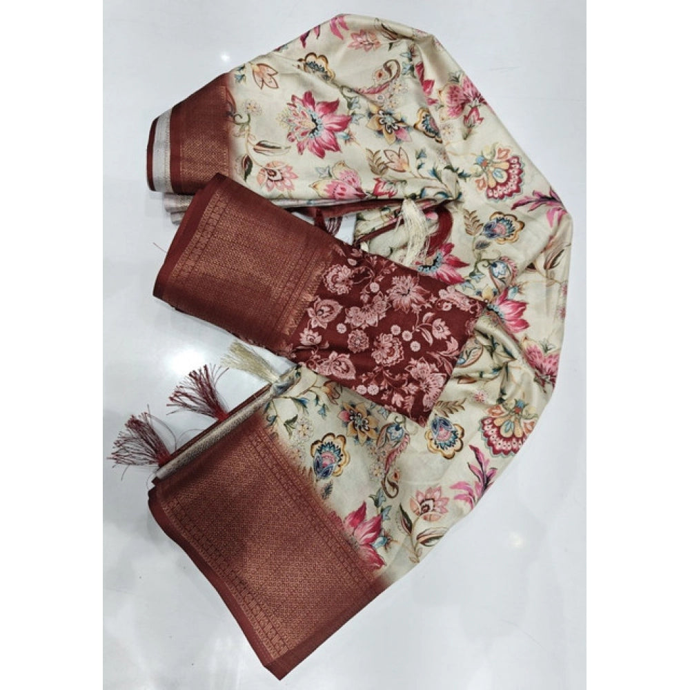 Women's Cotton Silk Floral Printed Saree With Unstitched Blouse 5.5Mtr (Gold-Brown)