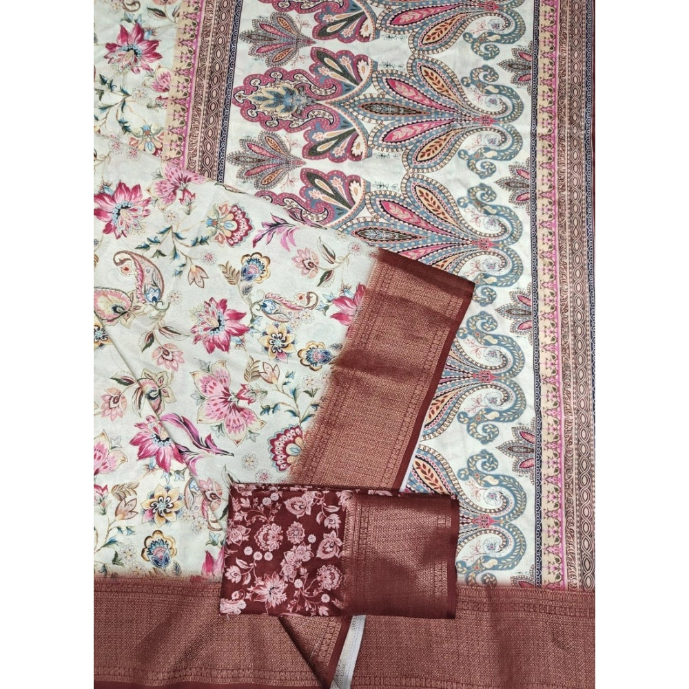 Women's Cotton Silk Floral Printed Saree With Unstitched Blouse 5.5Mtr (Gold-Brown)