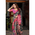 Women's Cotton Silk Floral Printed Saree With Unstitched Blouse 5.5Mtr (Green-Pink)