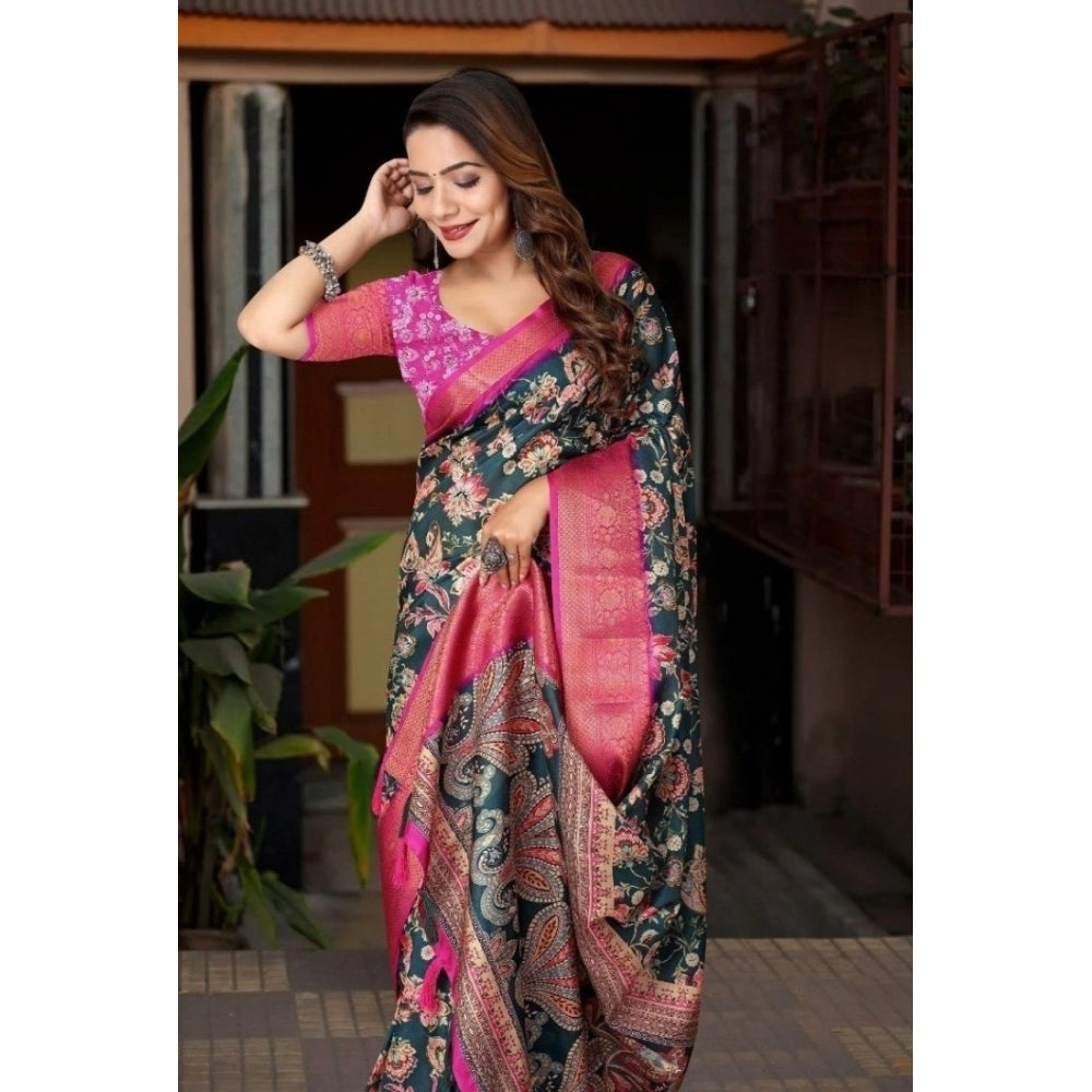 Women's Cotton Silk Floral Printed Saree With Unstitched Blouse 5.5Mtr (Green-Pink)