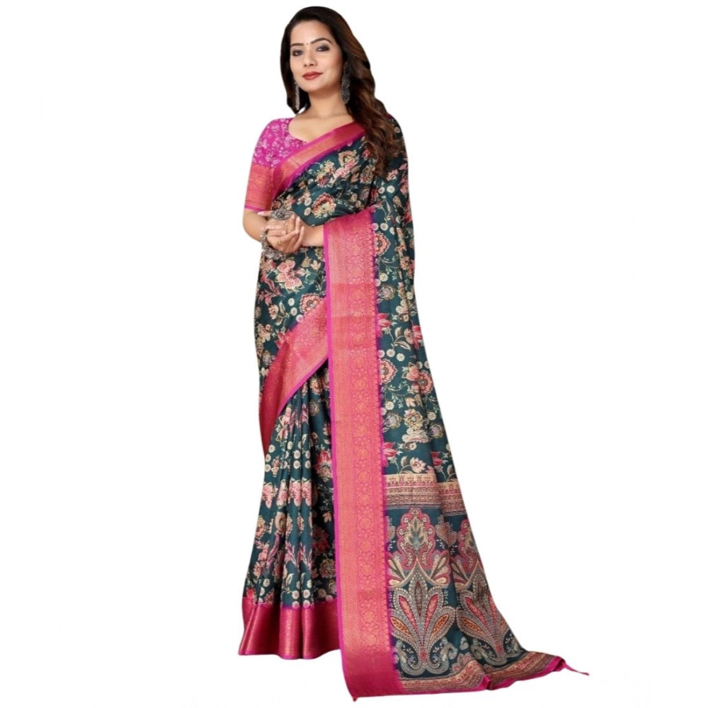 Women's Cotton Silk Floral Printed Saree With Unstitched Blouse 5.5Mtr (Green-Pink)