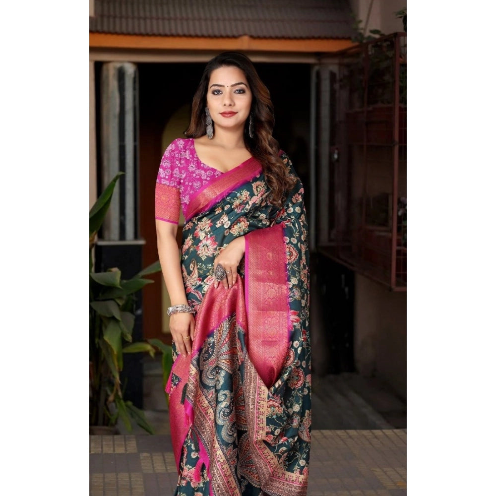 Women's Cotton Silk Floral Printed Saree With Unstitched Blouse 5.5Mtr (Green-Pink)