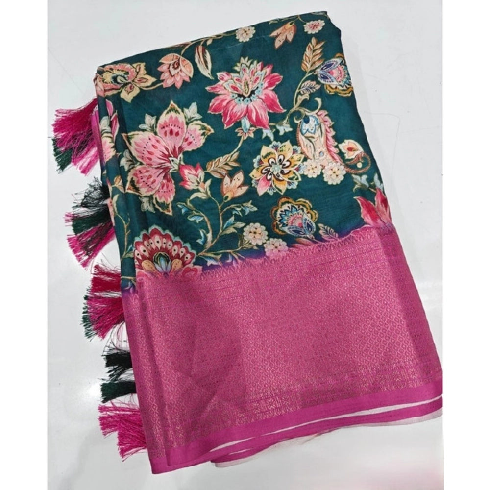 Women's Cotton Silk Floral Printed Saree With Unstitched Blouse 5.5Mtr (Green-Pink)