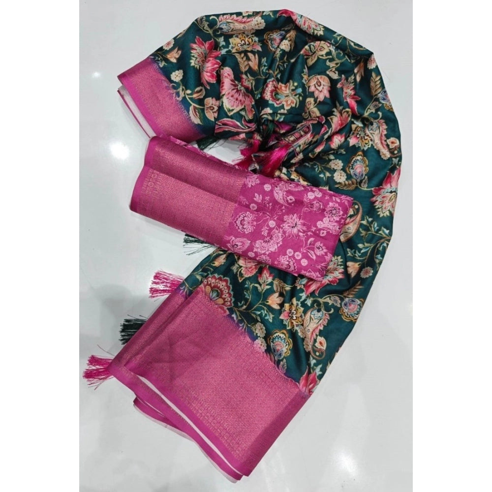 Women's Cotton Silk Floral Printed Saree With Unstitched Blouse 5.5Mtr (Green-Pink)