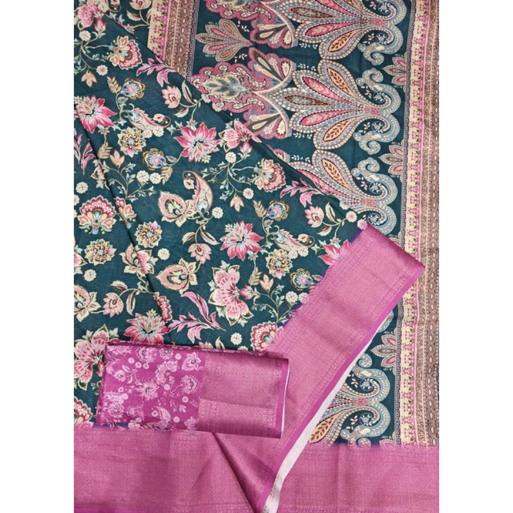 Women's Cotton Silk Floral Printed Saree With Unstitched Blouse 5.5Mtr (Green-Pink)