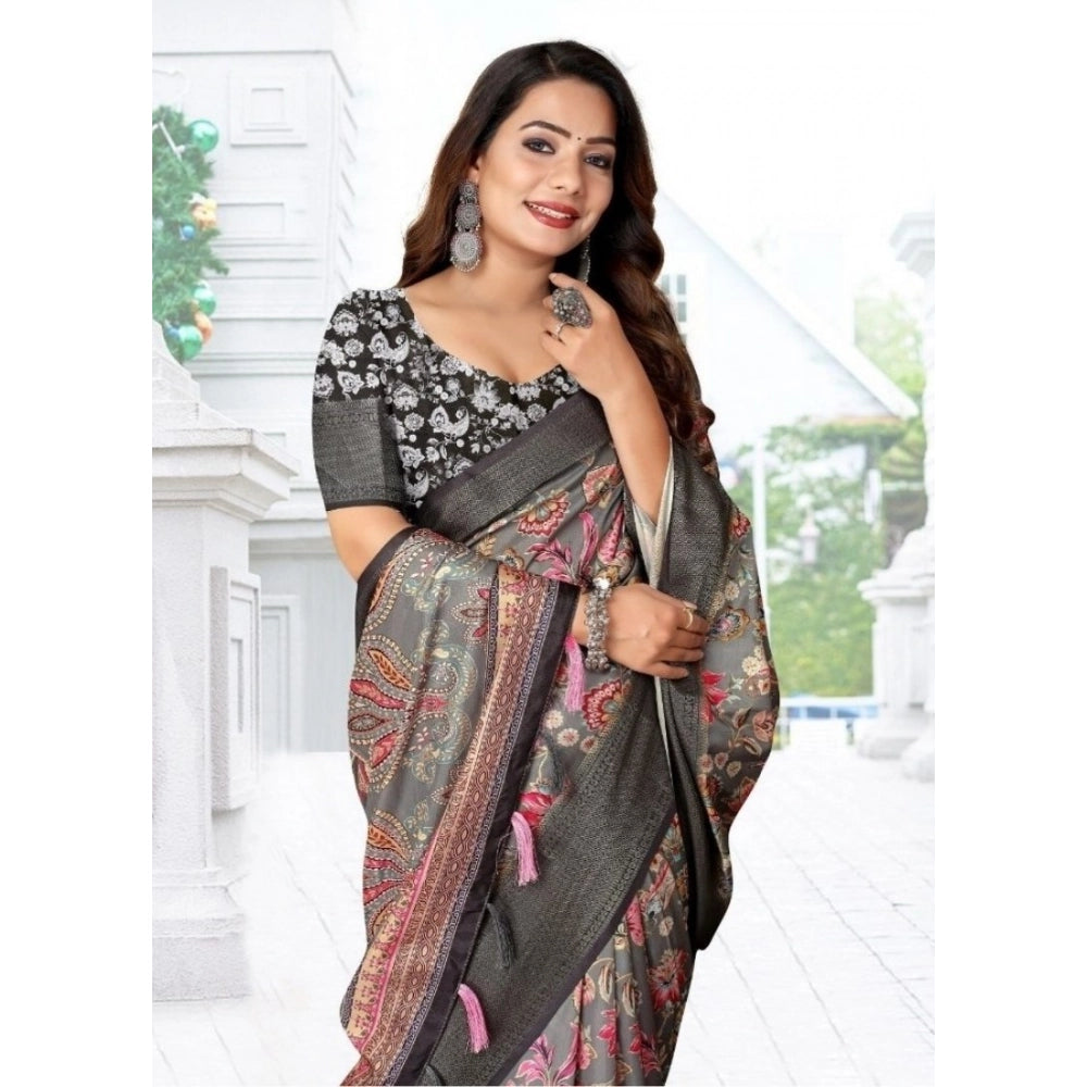 Women's Cotton Silk Floral Printed Saree With Unstitched Blouse 5.5Mtr (Grey-Black)