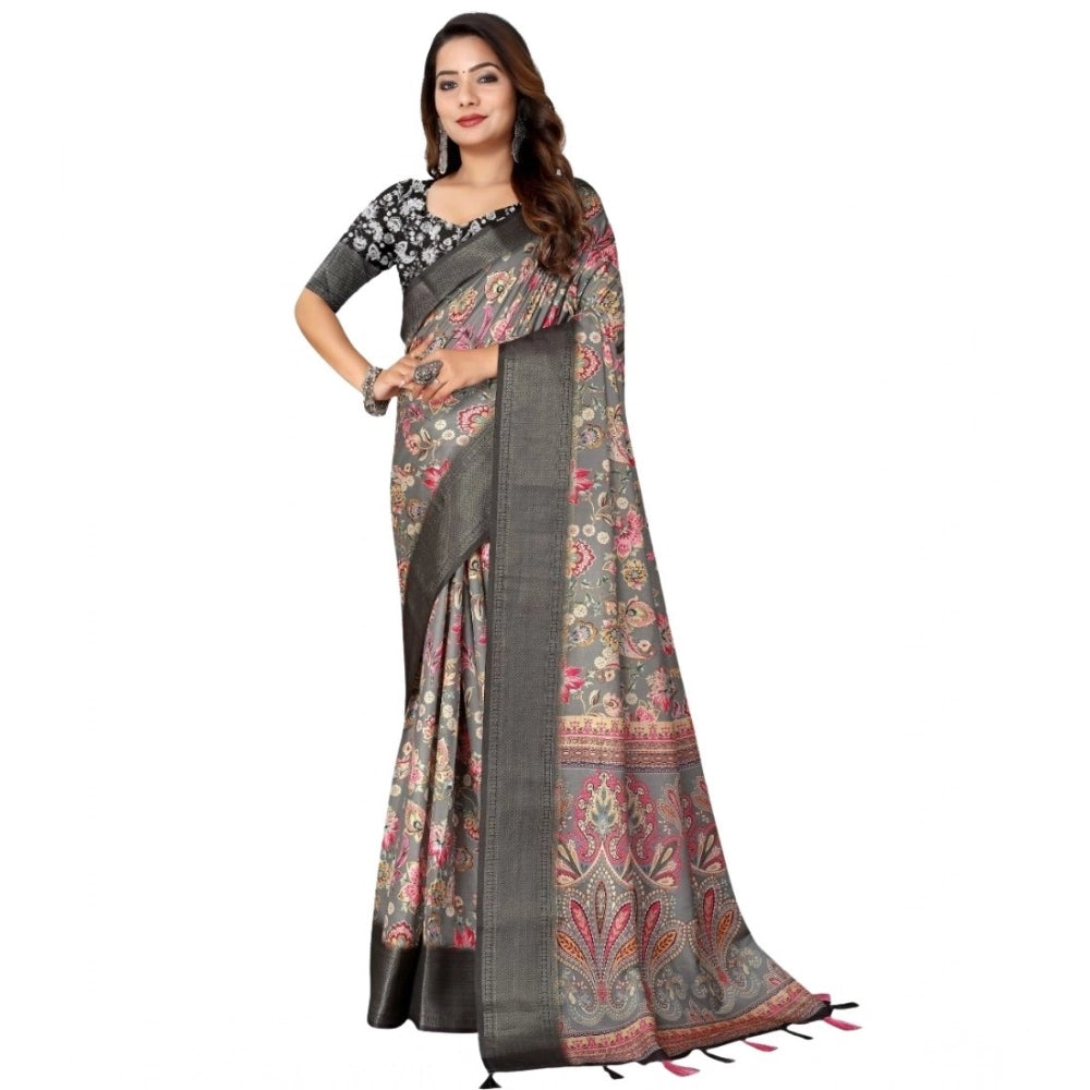 Women's Cotton Silk Floral Printed Saree With Unstitched Blouse 5.5Mtr (Grey-Black)