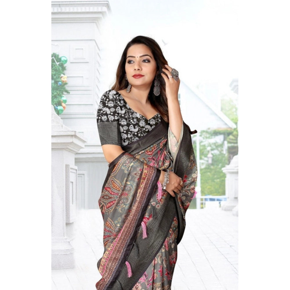 Women's Cotton Silk Floral Printed Saree With Unstitched Blouse 5.5Mtr (Grey-Black)