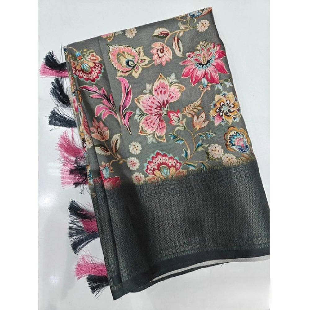 Women's Cotton Silk Floral Printed Saree With Unstitched Blouse 5.5Mtr (Grey-Black)