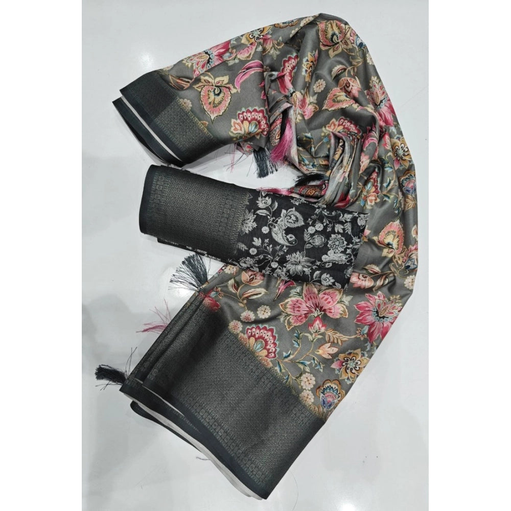 Women's Cotton Silk Floral Printed Saree With Unstitched Blouse 5.5Mtr (Grey-Black)