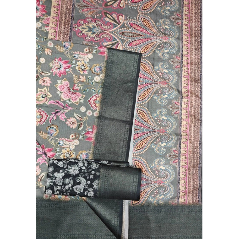 Women's Cotton Silk Floral Printed Saree With Unstitched Blouse 5.5Mtr (Grey-Black)