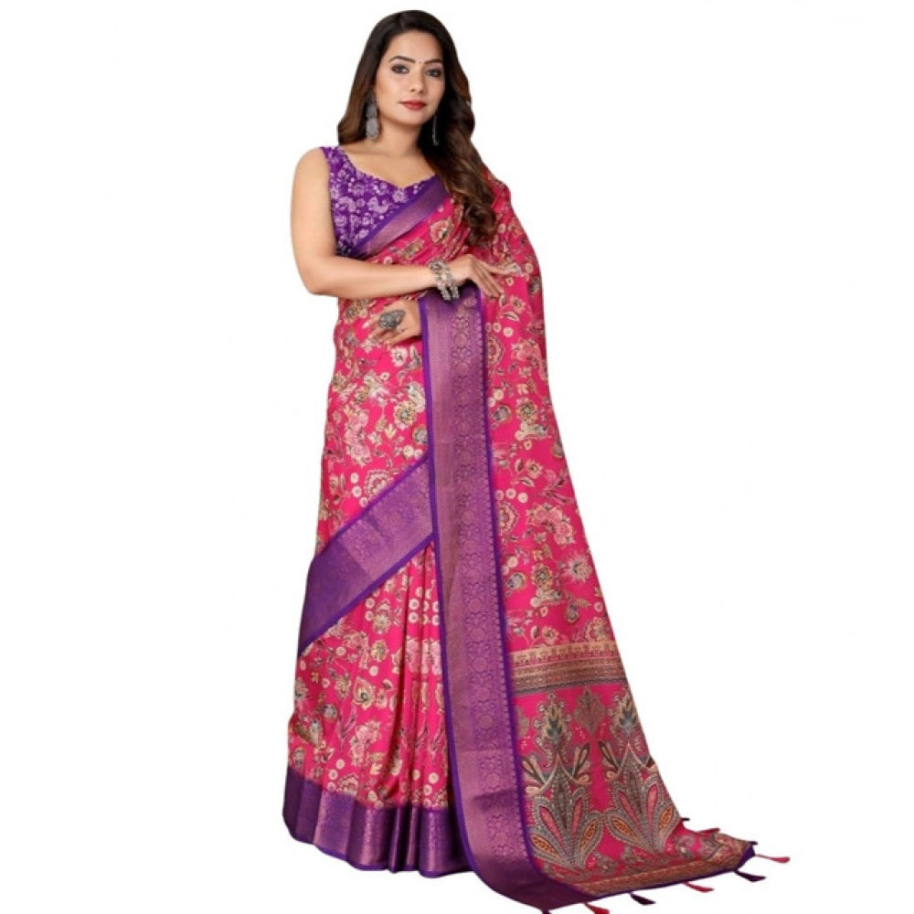 Women's Cotton Silk Floral Printed Saree With Unstitched Blouse 5.5Mtr (Pink-Purple)
