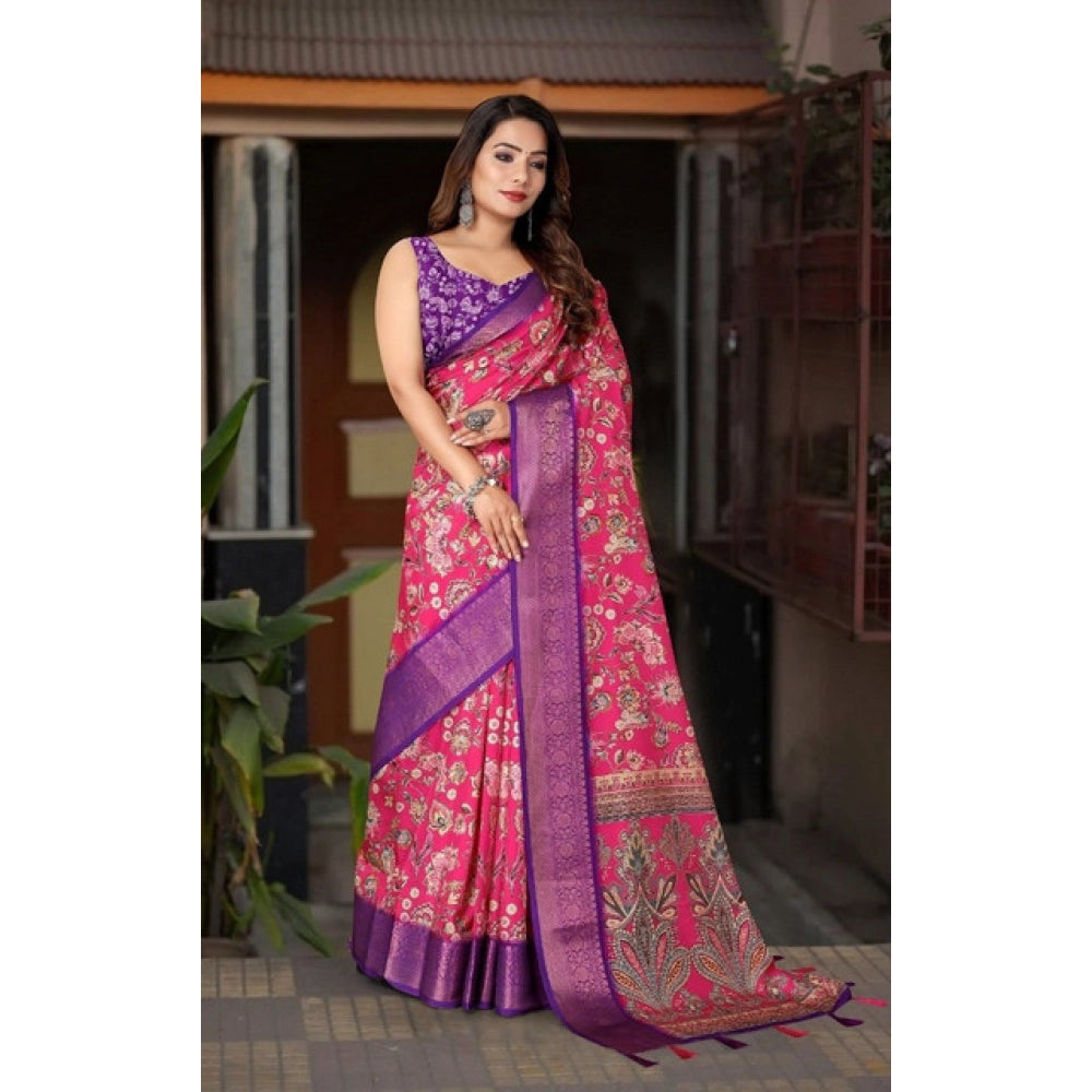 Women's Cotton Silk Floral Printed Saree With Unstitched Blouse 5.5Mtr (Pink-Purple)