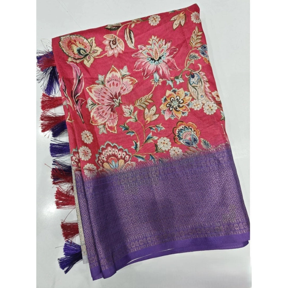 Women's Cotton Silk Floral Printed Saree With Unstitched Blouse 5.5Mtr (Pink-Purple)