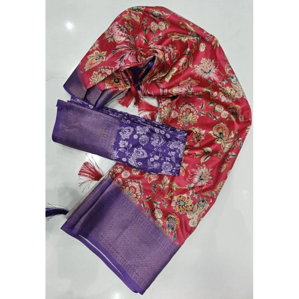 Women's Cotton Silk Floral Printed Saree With Unstitched Blouse 5.5Mtr (Pink-Purple)
