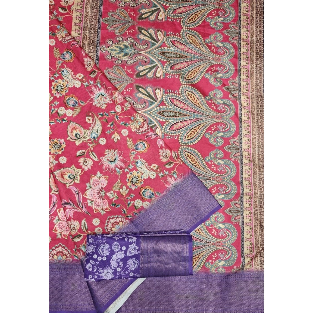 Women's Cotton Silk Floral Printed Saree With Unstitched Blouse 5.5Mtr (Pink-Purple)
