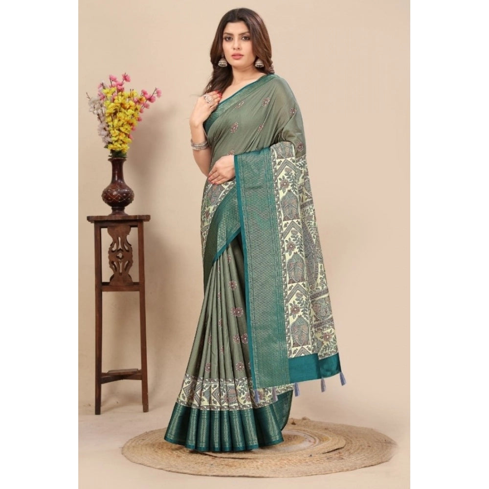 Women's Cotton Silk Printed Saree With Unstitched Blouse 5.5Mtr (Multicolor)