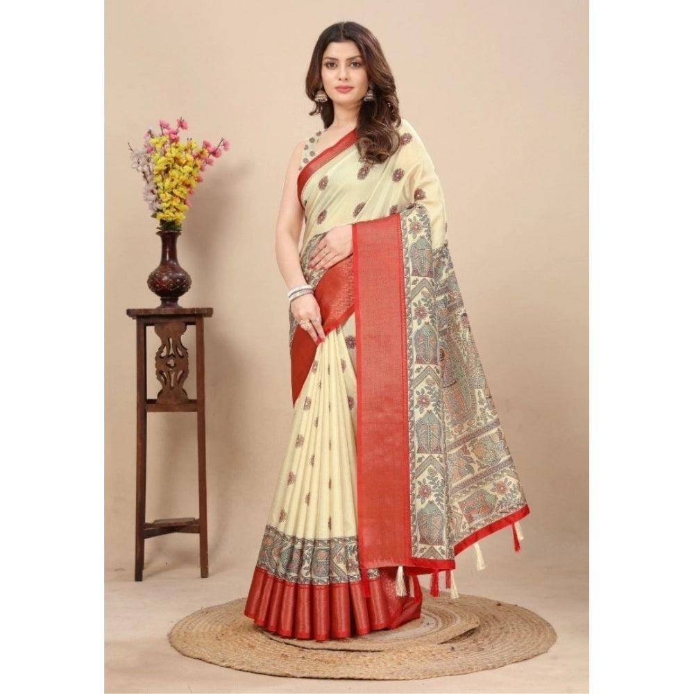 Women's Cotton Silk Printed Saree With Unstitched Blouse 5.5Mtr (Cream)