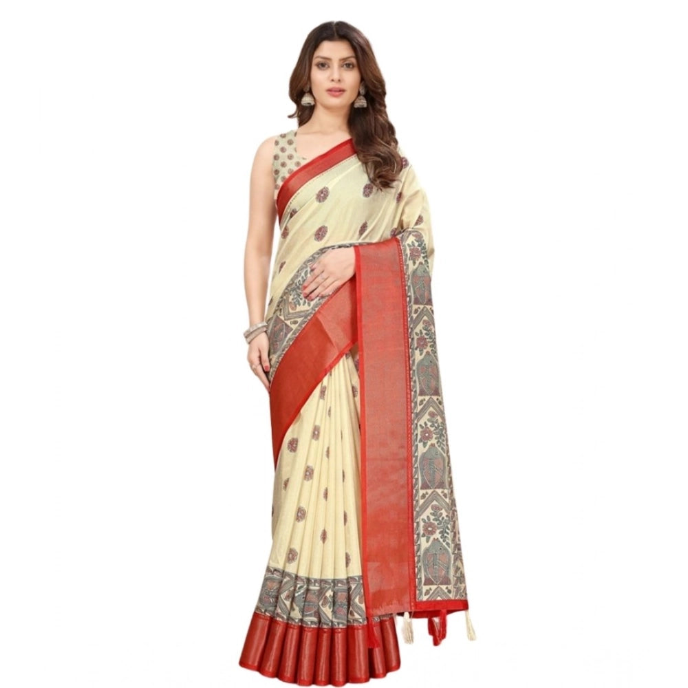 Women's Cotton Silk Printed Saree With Unstitched Blouse 5.5Mtr (Cream)