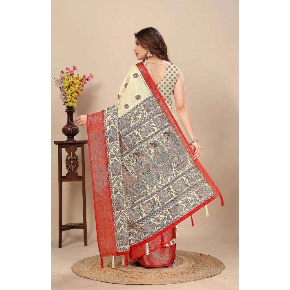 Women's Cotton Silk Printed Saree With Unstitched Blouse 5.5Mtr (Cream)