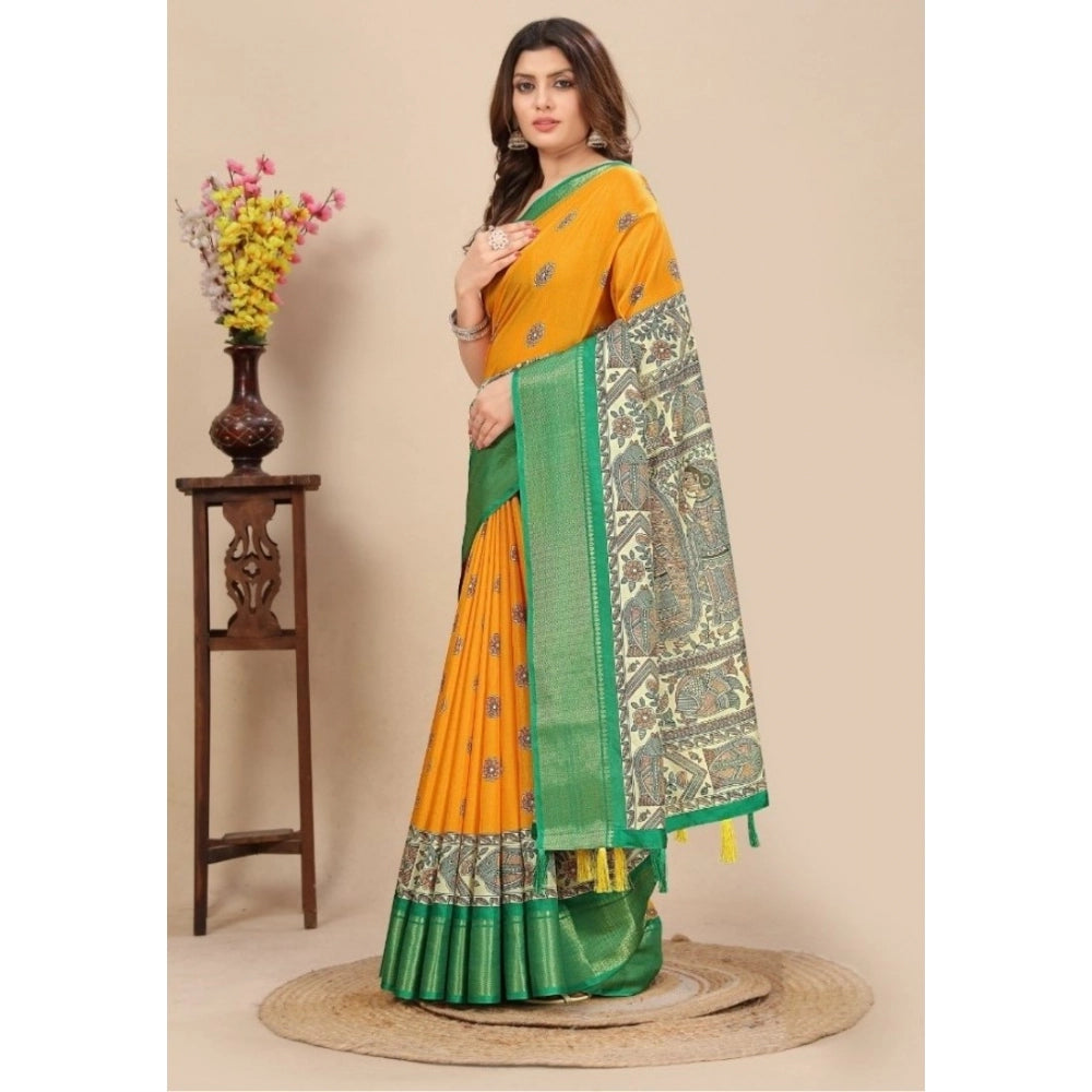Women's Cotton Silk Printed Saree With Unstitched Blouse 5.5Mtr (Yellow)