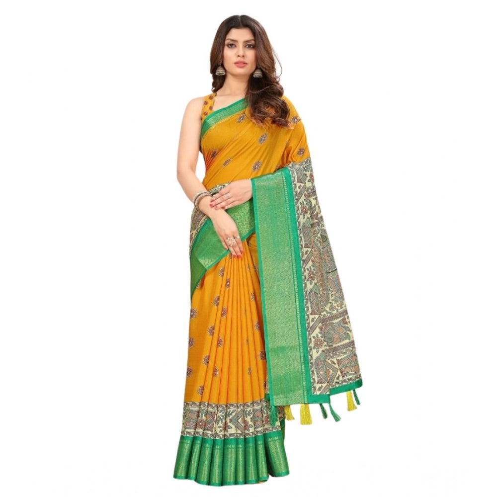 Women's Cotton Silk Printed Saree With Unstitched Blouse 5.5Mtr (Yellow)