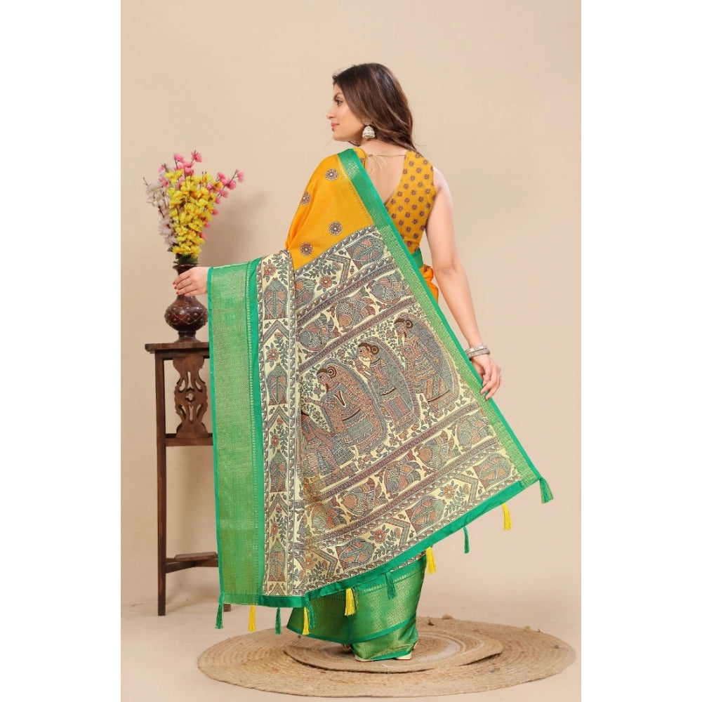 Women's Cotton Silk Printed Saree With Unstitched Blouse 5.5Mtr (Yellow)