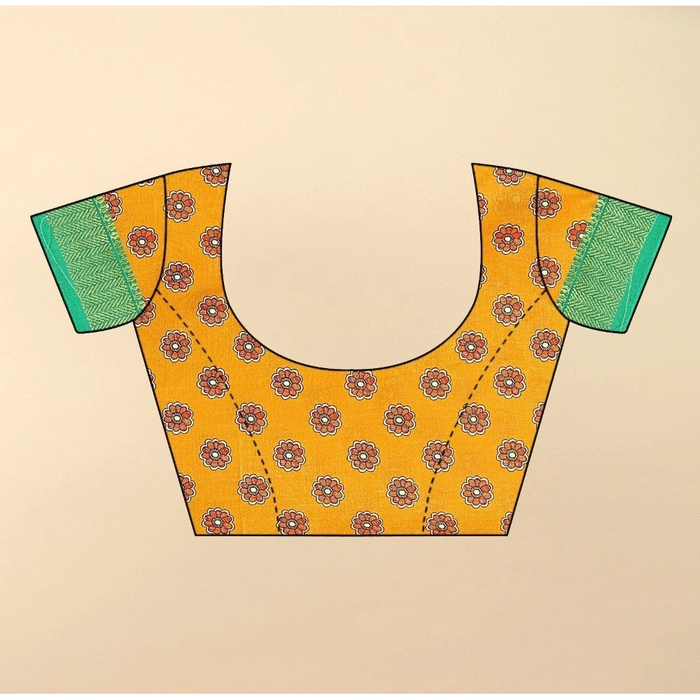 Women's Cotton Silk Printed Saree With Unstitched Blouse 5.5Mtr (Yellow)