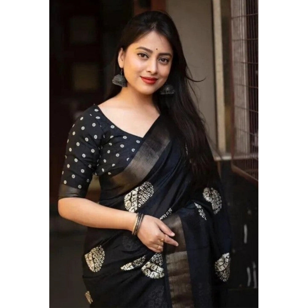 Women's Cotton Silk Printed Saree With Unstitched Blouse 5.5Mtr (Black)