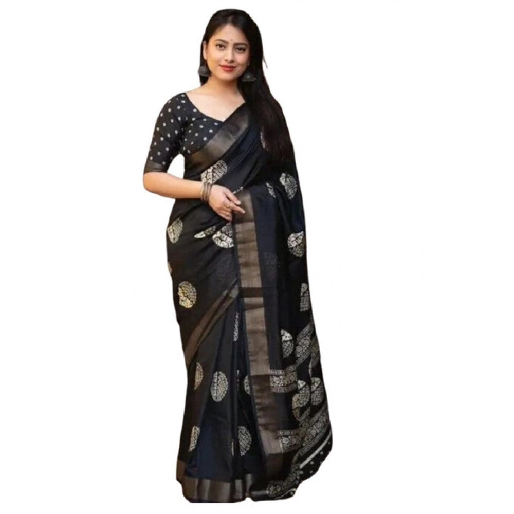 Women's Cotton Silk Printed Saree With Unstitched Blouse 5.5Mtr (Black)