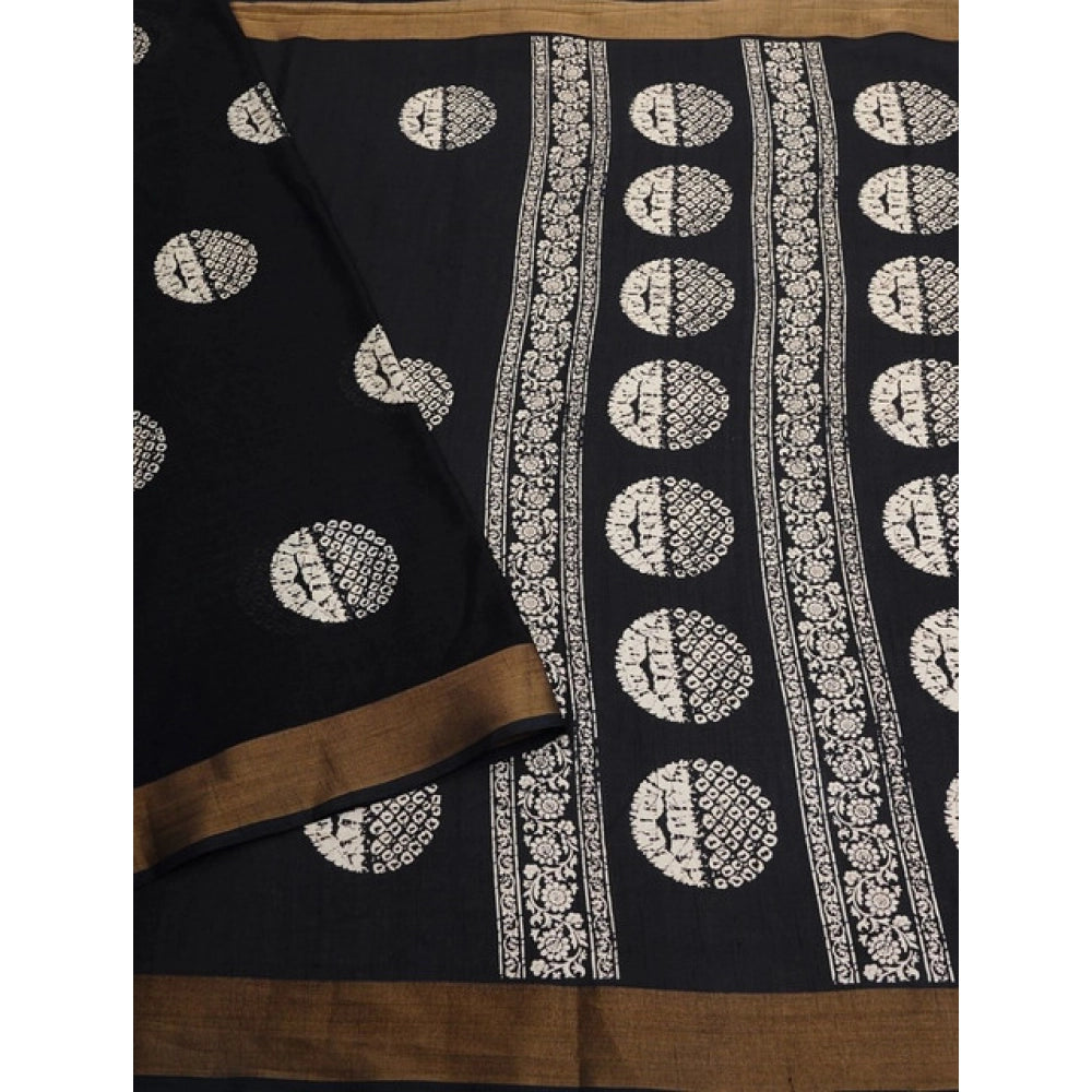 Women's Cotton Silk Printed Saree With Unstitched Blouse 5.5Mtr (Black)