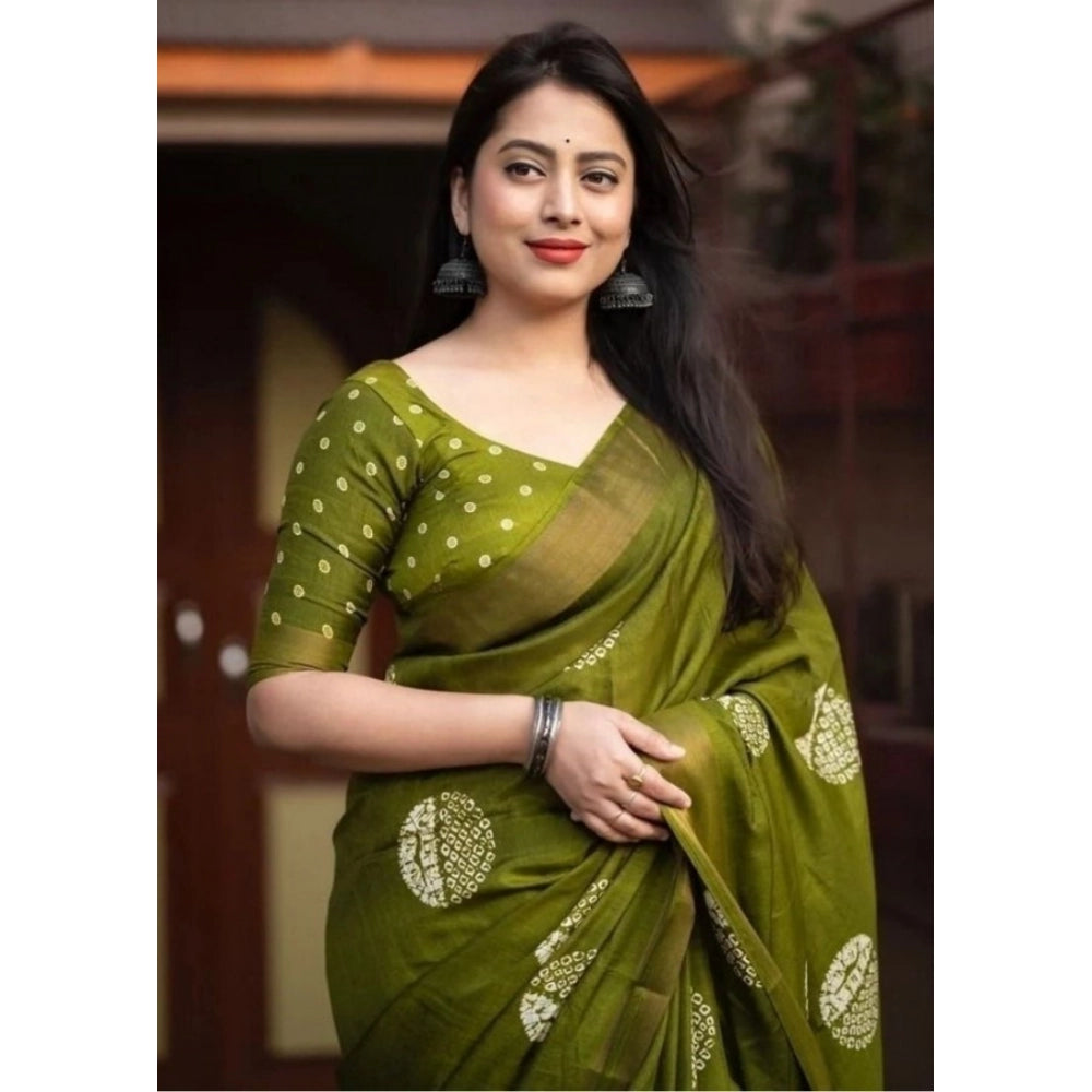 Women's Cotton Silk Printed Saree With Unstitched Blouse 5.5Mtr (Green)