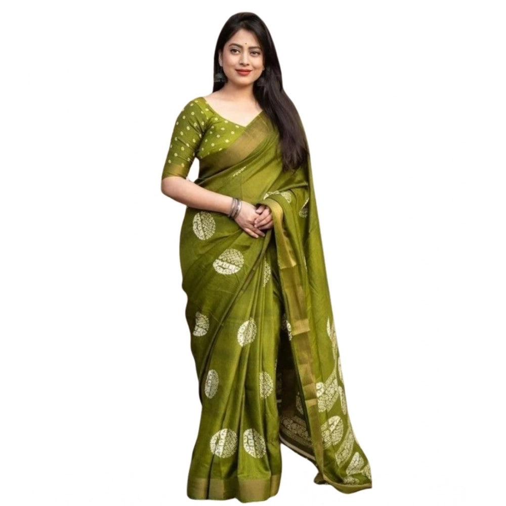 Women's Cotton Silk Printed Saree With Unstitched Blouse 5.5Mtr (Green)
