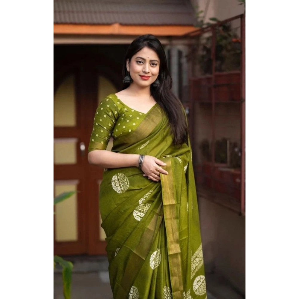 Women's Cotton Silk Printed Saree With Unstitched Blouse 5.5Mtr (Green)