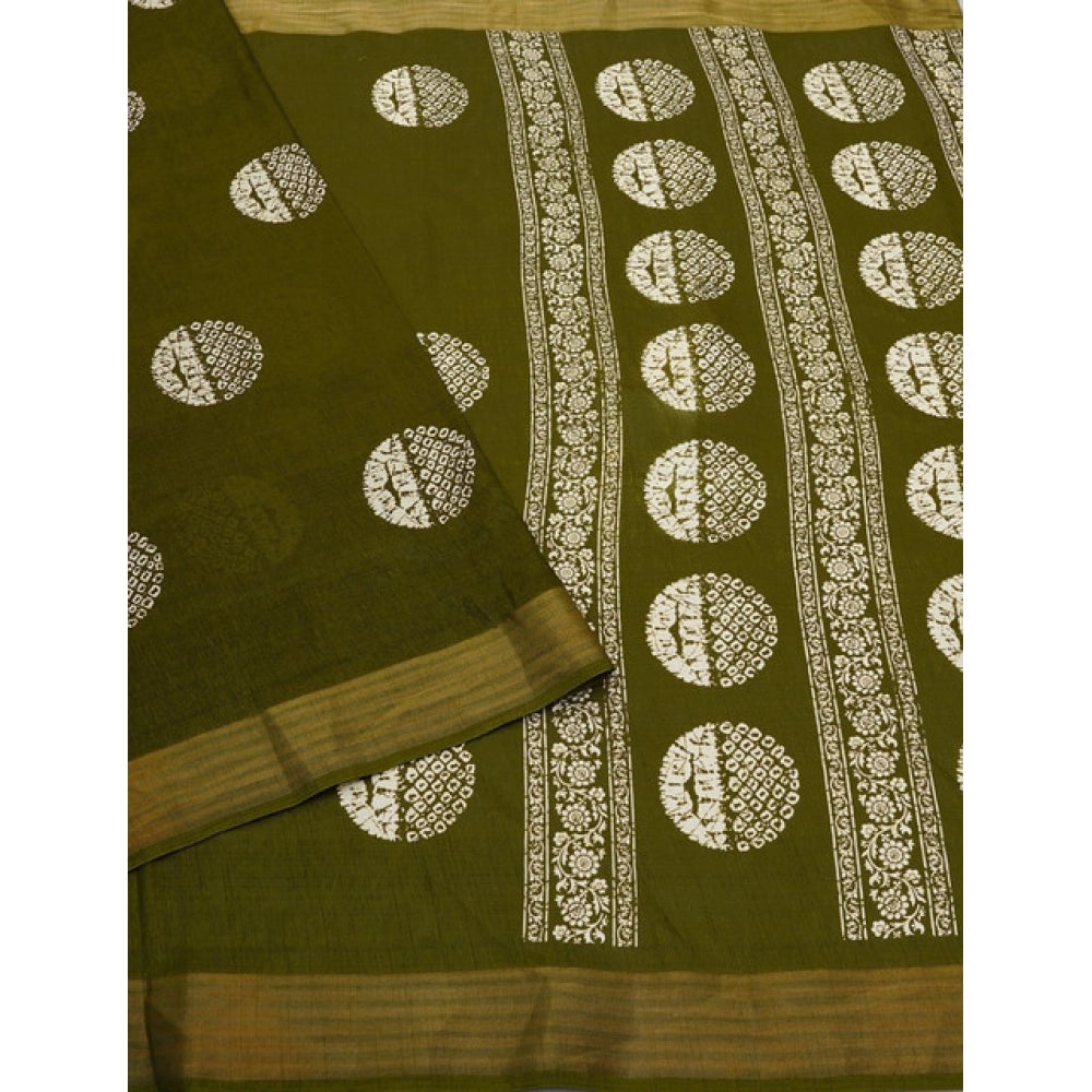 Women's Cotton Silk Printed Saree With Unstitched Blouse 5.5Mtr (Green)