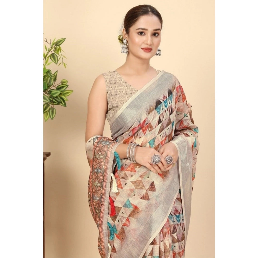 Women's Cotton Silk Printed Saree With Unstitched Blouse 5.5Mtr (Multicolor)