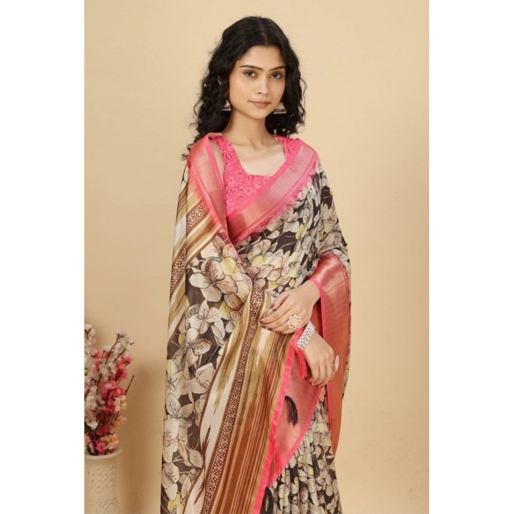 Women's Cotton Silk Floral Printed Saree With Unstitched Blouse 5.5Mtr (Black)