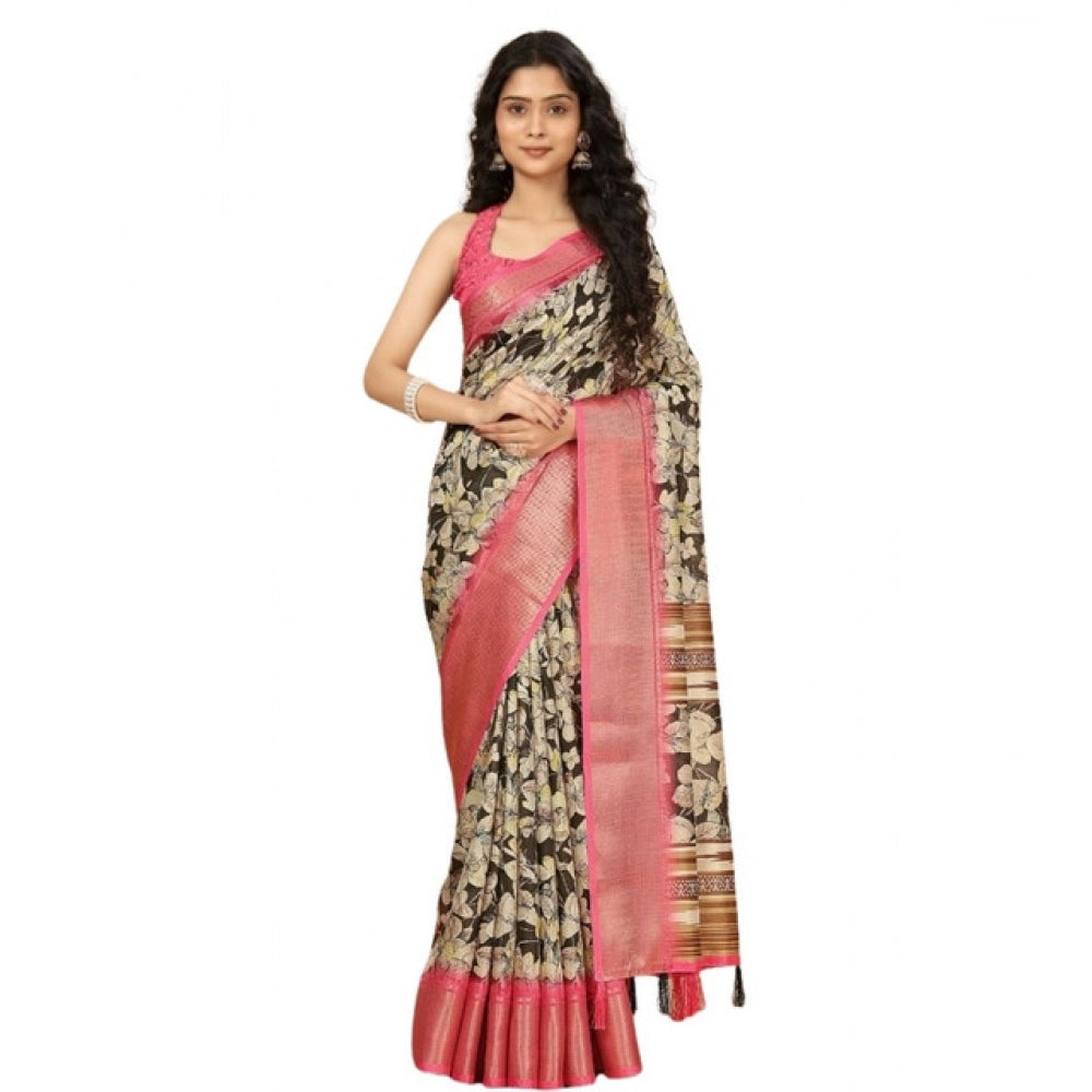Women's Cotton Silk Floral Printed Saree With Unstitched Blouse 5.5Mtr (Black)