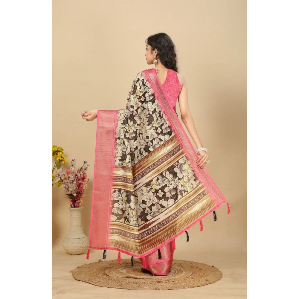 Women's Cotton Silk Floral Printed Saree With Unstitched Blouse 5.5Mtr (Black)