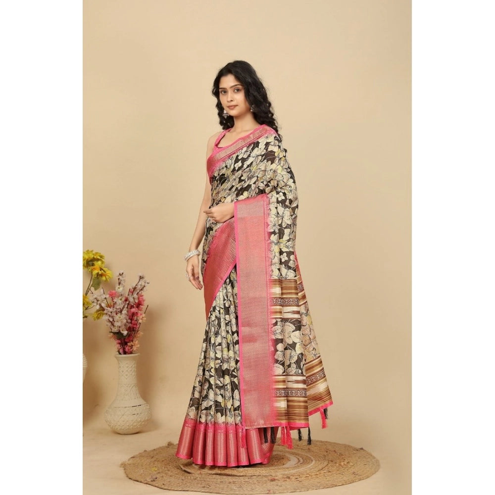 Women's Cotton Silk Floral Printed Saree With Unstitched Blouse 5.5Mtr (Black)