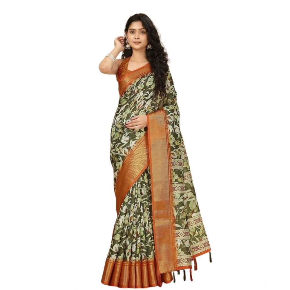 Women's Cotton Silk Floral Printed Saree With Unstitched Blouse 5.5Mtr (Multicolor)
