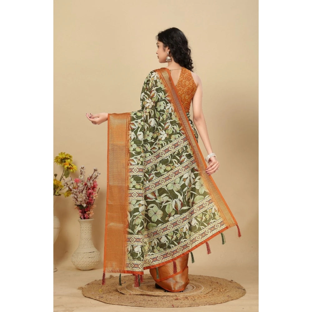 Women's Cotton Silk Floral Printed Saree With Unstitched Blouse 5.5Mtr (Multicolor)