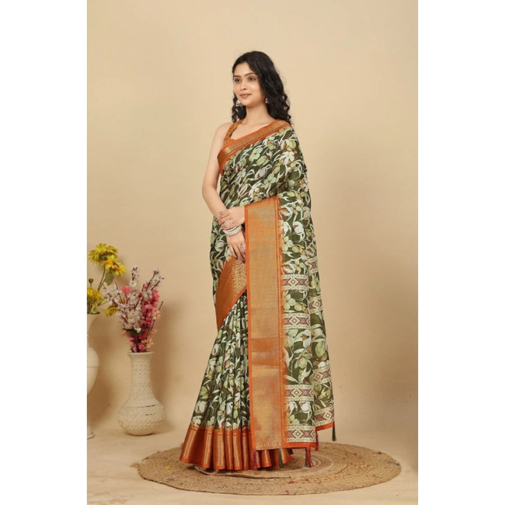 Women's Cotton Silk Floral Printed Saree With Unstitched Blouse 5.5Mtr (Multicolor)