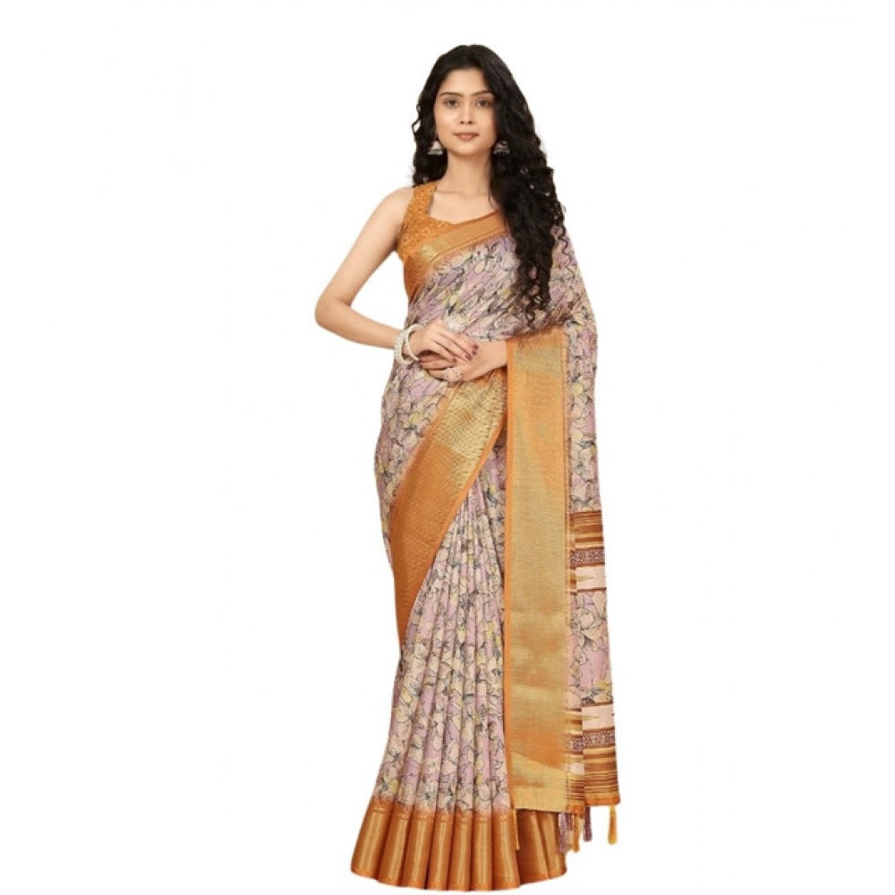 Women's Cotton Silk Floral Printed Saree With Unstitched Blouse 5.5Mtr (Lavender)