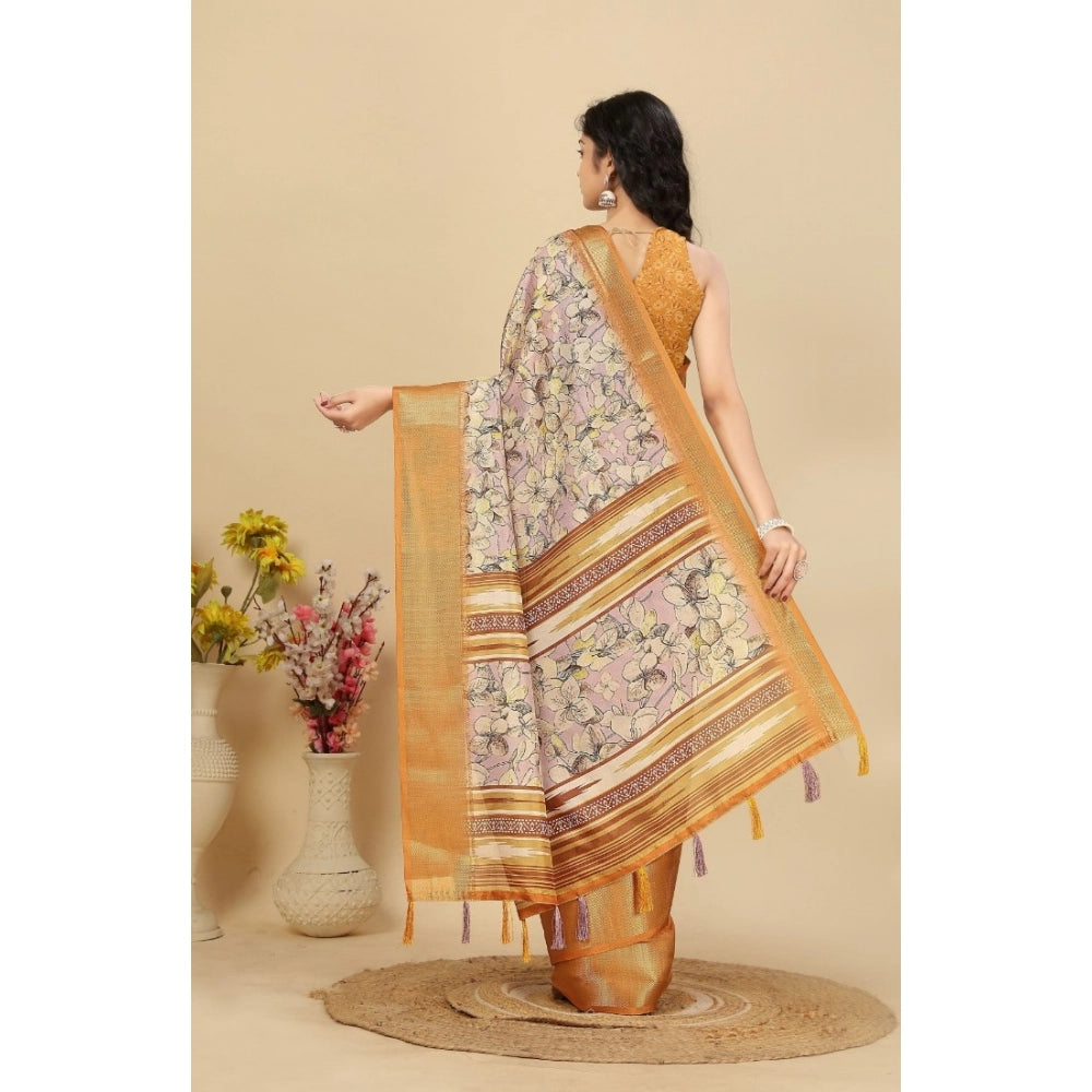 Women's Cotton Silk Floral Printed Saree With Unstitched Blouse 5.5Mtr (Lavender)