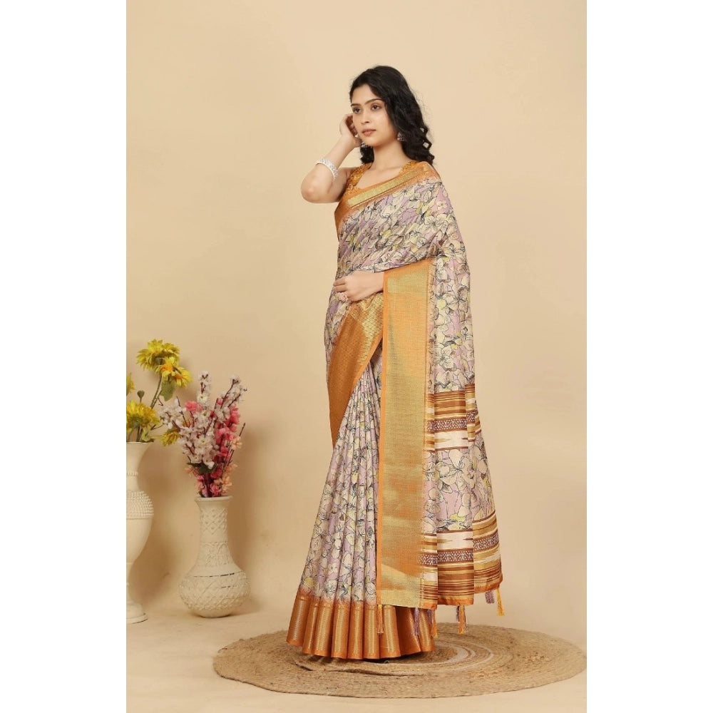 Women's Cotton Silk Floral Printed Saree With Unstitched Blouse 5.5Mtr (Lavender)