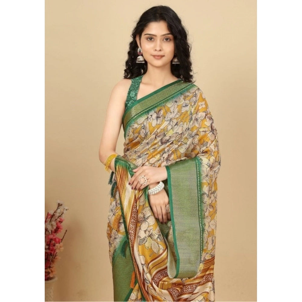 Women's Cotton Silk Floral Printed Saree With Unstitched Blouse 5.5Mtr (Mustard)