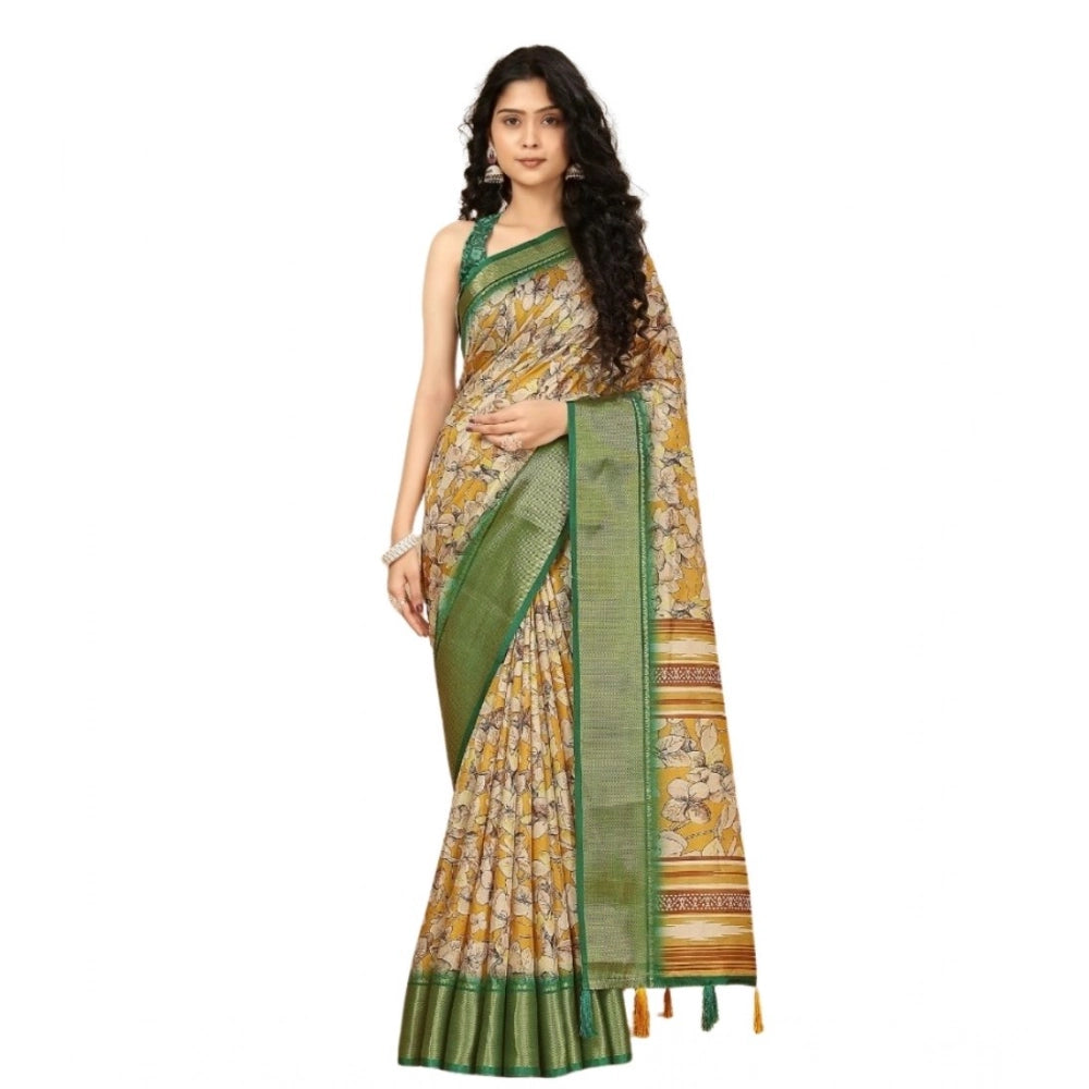 Women's Cotton Silk Floral Printed Saree With Unstitched Blouse 5.5Mtr (Mustard)