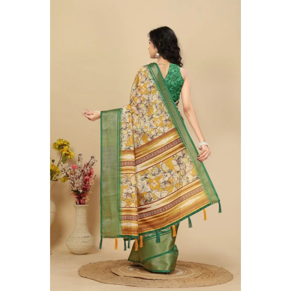 Women's Cotton Silk Floral Printed Saree With Unstitched Blouse 5.5Mtr (Mustard)