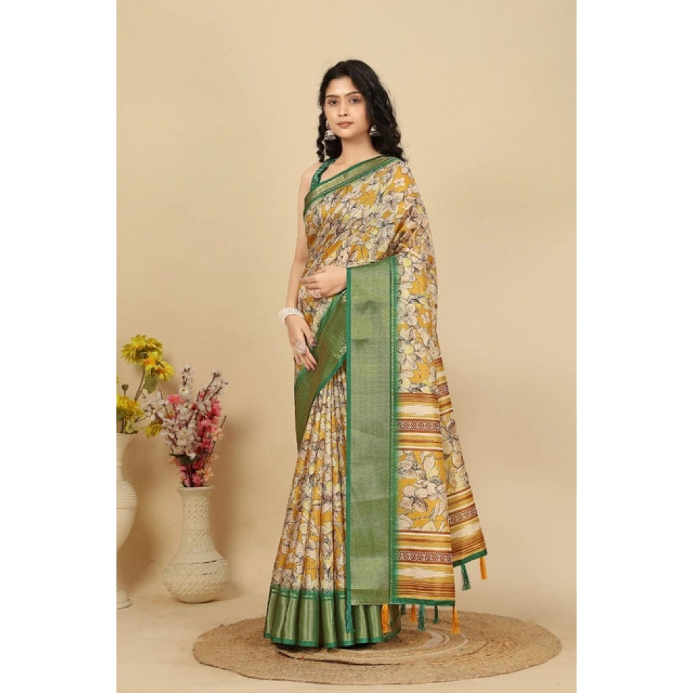 Women's Cotton Silk Floral Printed Saree With Unstitched Blouse 5.5Mtr (Mustard)